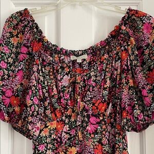 Vibrant Floral Midi Dress with Puff Sleeves